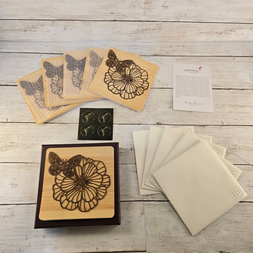 Papyrus Wood Veneer Greeting Cards Laser Cut Butterfly Floral Set of 5